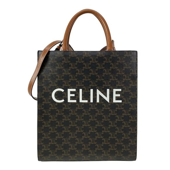 Celine Handbags - CELINE Small Vertical Cabas Tan (Dark Brown) Brown) Triomphe Canvas Calf Skin